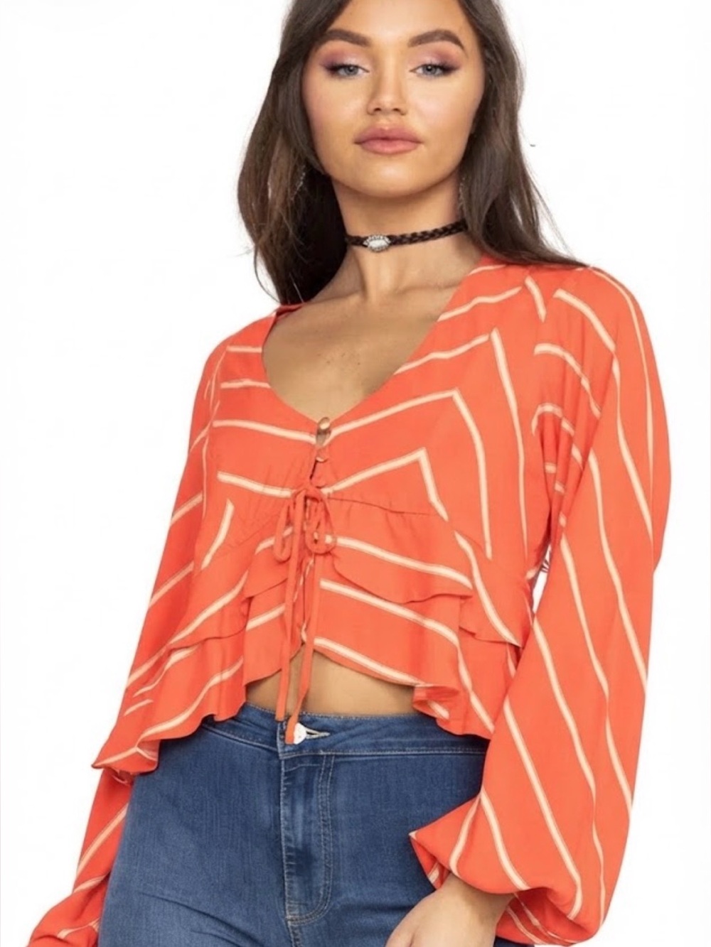 Free People Samifran Chevron Print Ruffle Blouse Medium Orange Size Medium